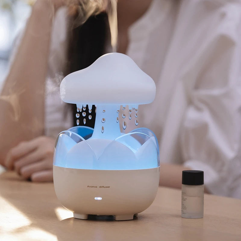 Humidificador de agua con forma de nube mini lluvia artificial para un mejor descanso  y luces nocturnas cómodas que cambian de color un 3 en 1