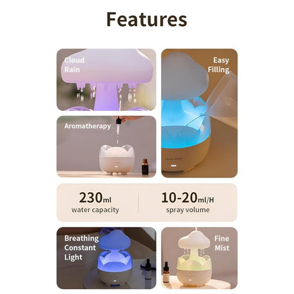 Humidificador de agua con forma de nube mini lluvia artificial para un mejor descanso  y luces nocturnas cómodas que cambian de color un 3 en 1