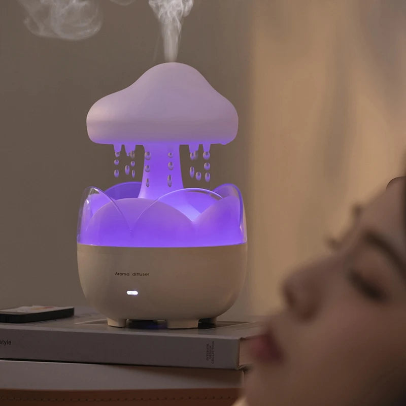 Humidificador de agua con forma de nube mini lluvia artificial para un mejor descanso  y luces nocturnas cómodas que cambian de color un 3 en 1